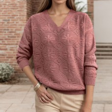 V-neck long sleeved solid color needle top