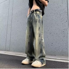 Retro Washed Distressed Wide Leg Jeans Men's Loose Straight High Street Trendy Long Pants