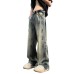 Retro Washed Distressed Wide Leg Jeans Men's Loose Straight High Street Trendy Long Pants