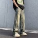 Retro Washed Distressed Wide Leg Jeans Men's Loose Straight High Street Trendy Long Pants