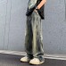 Retro Washed Distressed Wide Leg Jeans Men's Loose Straight High Street Trendy Long Pants