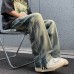 Retro Washed Distressed Wide Leg Jeans Men's Loose Straight High Street Trendy Long Pants