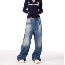 Retro Wide-Leg Relaxed Knife-Style Jeans for Men and Women, High-End Unique Denim Pants, Ice Blue Cool Street Style Long Trousers