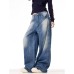 Retro Wide-Leg Relaxed Knife-Style Jeans for Men and Women, High-End Unique Denim Pants, Ice Blue Cool Street Style Long Trousers