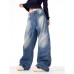 Retro Wide-Leg Relaxed Knife-Style Jeans for Men and Women, High-End Unique Denim Pants, Ice Blue Cool Street Style Long Trousers