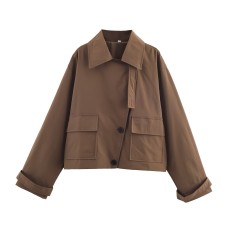 Retro solid color lapel slanted placket short windbreaker jacket