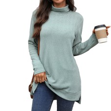 Solid color high neck loose long sleeved slit T-shirt top for women Solid color high neck loose long sleeved slit T-shirt top for women