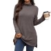 Solid color high neck loose long sleeved slit T-shirt top for women