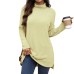 Solid color high neck loose long sleeved slit T-shirt top for women