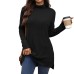 Solid color high neck loose long sleeved slit T-shirt top for women