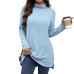 Solid color high neck loose long sleeved slit T-shirt top for women