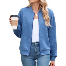 Solid color round neck zipper loose long sleeved jacket