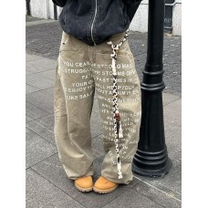 Retro Letter Print Washed Distressed High Street Flared Denim Pants Unisex Straight Leg Pants