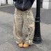 Retro Letter Print Washed Distressed High Street Flared Denim Pants Unisex Straight Leg Pants