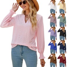 Solid color hollow V-neck loose long sleeved top Solid color hollow V-neck loose long sleeved top
