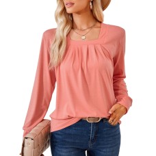 Solid color square neck pleated long sleeved loose T-shirt top for women