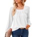 Solid color square neck pleated long sleeved loose T-shirt top for women