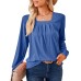 Solid color square neck pleated long sleeved loose T-shirt top for women