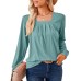 Solid color square neck pleated long sleeved loose T-shirt top for women