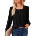 Solid color square neck pleated long sleeved loose T-shirt top for women
