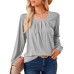 Solid color square neck pleated long sleeved loose T-shirt top for women