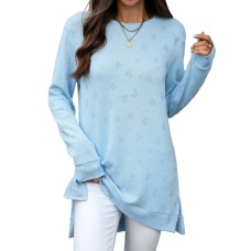 Solid color round neck loose long sleeved slit T-shirt top for women