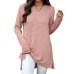 Solid color round neck loose long sleeved slit T-shirt top for women