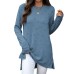 Solid color round neck loose long sleeved slit T-shirt top for women