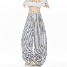 Star Pendant Gift Plaid Knife Cut Casual Pants Women Drape Wide Leg Loose Lazy Style Straight Leg Floor Length Pants