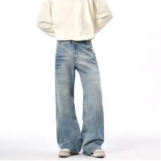 Street Style Vintage Washed Distressed Blue Denim Wide Leg Straight Pants for Men and Women