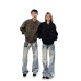 Street Style Vintage Washed Distressed Blue Denim Wide Leg Straight Pants for Men and Women