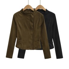 Stand collar slim fit waist cinching diagonal zipper long sleeved top