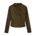 Stand collar slim fit waist cinching diagonal zipper long sleeved top
