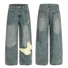 Loose Fit Denim Pants with Patchwork Decoration Loose Fit Denim Pants with Patchwork Decoration