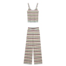Metallic striped top+straight leg pants set