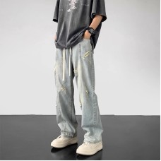 High-Quality Denim Pants Men  Street Style Washed Ripped Trendy Loose Straight Casual Long Pants
