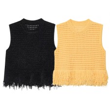 Grid knit fringe round neck sleeveless