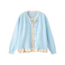 Round Neck Long Sleeve Simple Color-Block Lace Trim
