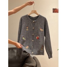 Round Neck Knit Cardigan for Women Cartoon Embroidery Sweater Coat