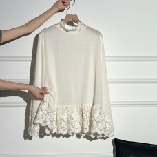 Style Two-Piece Set Sleeveless Layered Cardigan High Neck Sweater Women  Inner Wear Lace Hem Long Sleeve Top