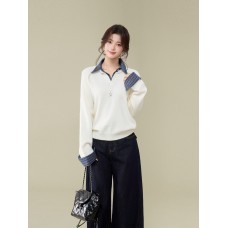 Style False Two-Piece Plaid Patchwork Knit Sweater Women's Loose Lazy Feel Outerwear