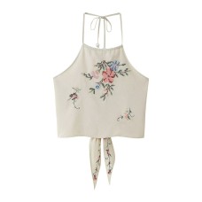 Hanging collar flower embroidered top