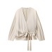 Linen blend double breasted bow decorated shirt