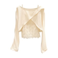 Elegant Knitted Crop Top Women Delicate Lace Long Sleeve Camisole Two-Piece Set
