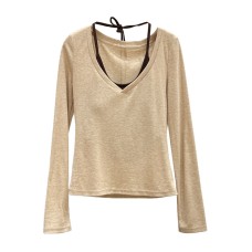 V-neck Knit Long Sleeve Top for Women, Layering Strapless Camisole Two-Piece Set