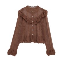 Black fungus edge collar hollowed out woven top