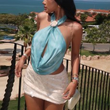Fashion Style Metal Button Tie-Back Backless Cut-Out Solid Color Top Fashion Style Metal Button Tie-Back Backless Cut-Out Solid Color Top