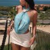 Fashion Style Metal Button Tie-Back Backless Cut-Out Solid Color Top