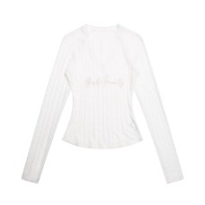Long Sleeve T-Shirt Women's Solid Color Letter Embroidery Fitted Basic Top