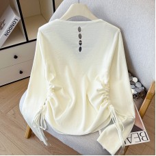 Small V-Neck Drawstring Pleated Knit Women's Designer Embroidered Long Sleeve Top Layering Outerwear